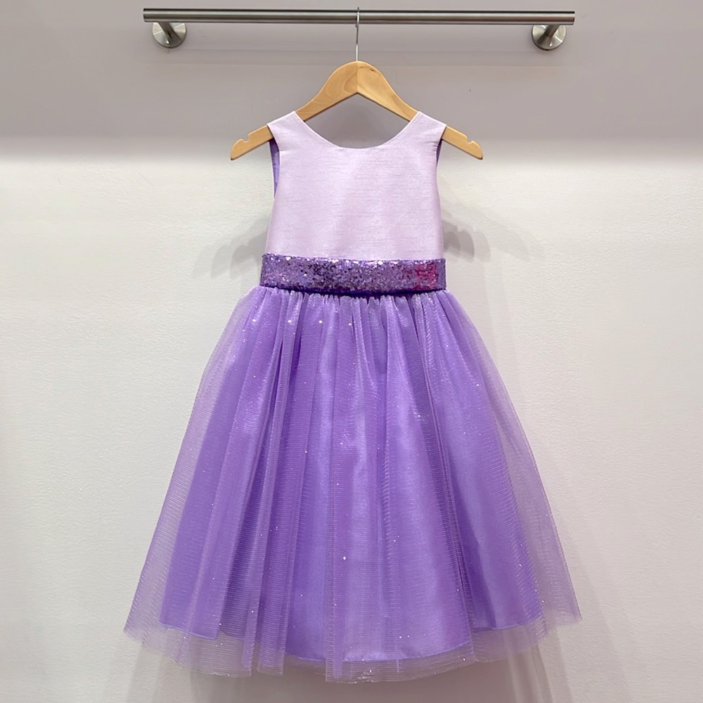 Girls’ lavender sequin back V dress